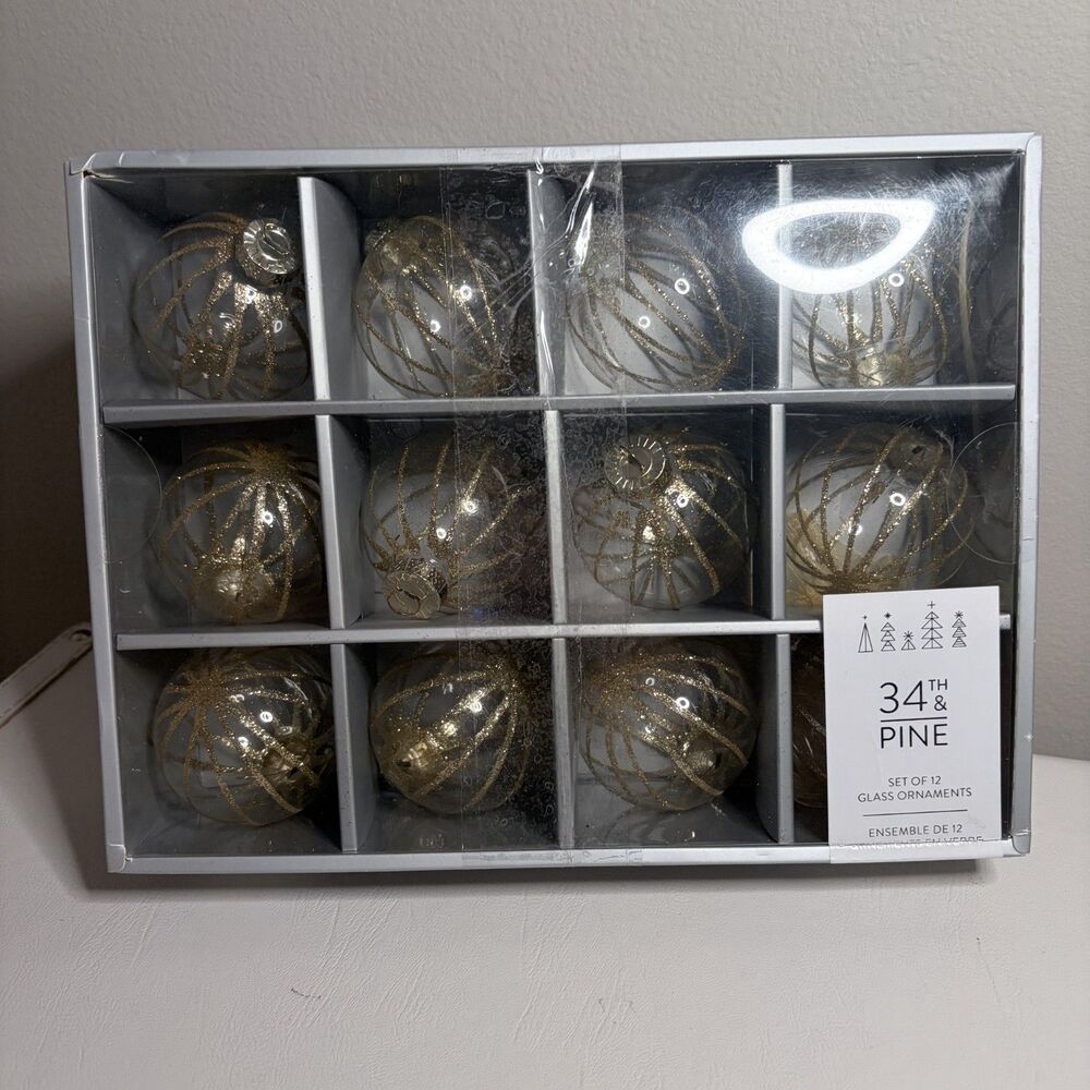 34th & Pine Set of 12 Clear Glass Christmas Ornaments | Gold Glitter